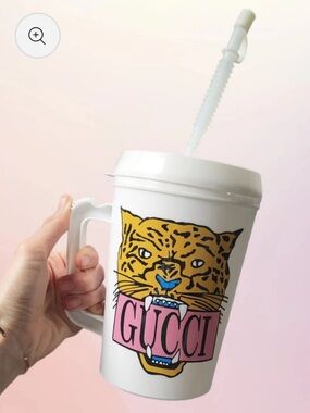 Gucci White Travel mug with Tiger Graphic and Pink Logo